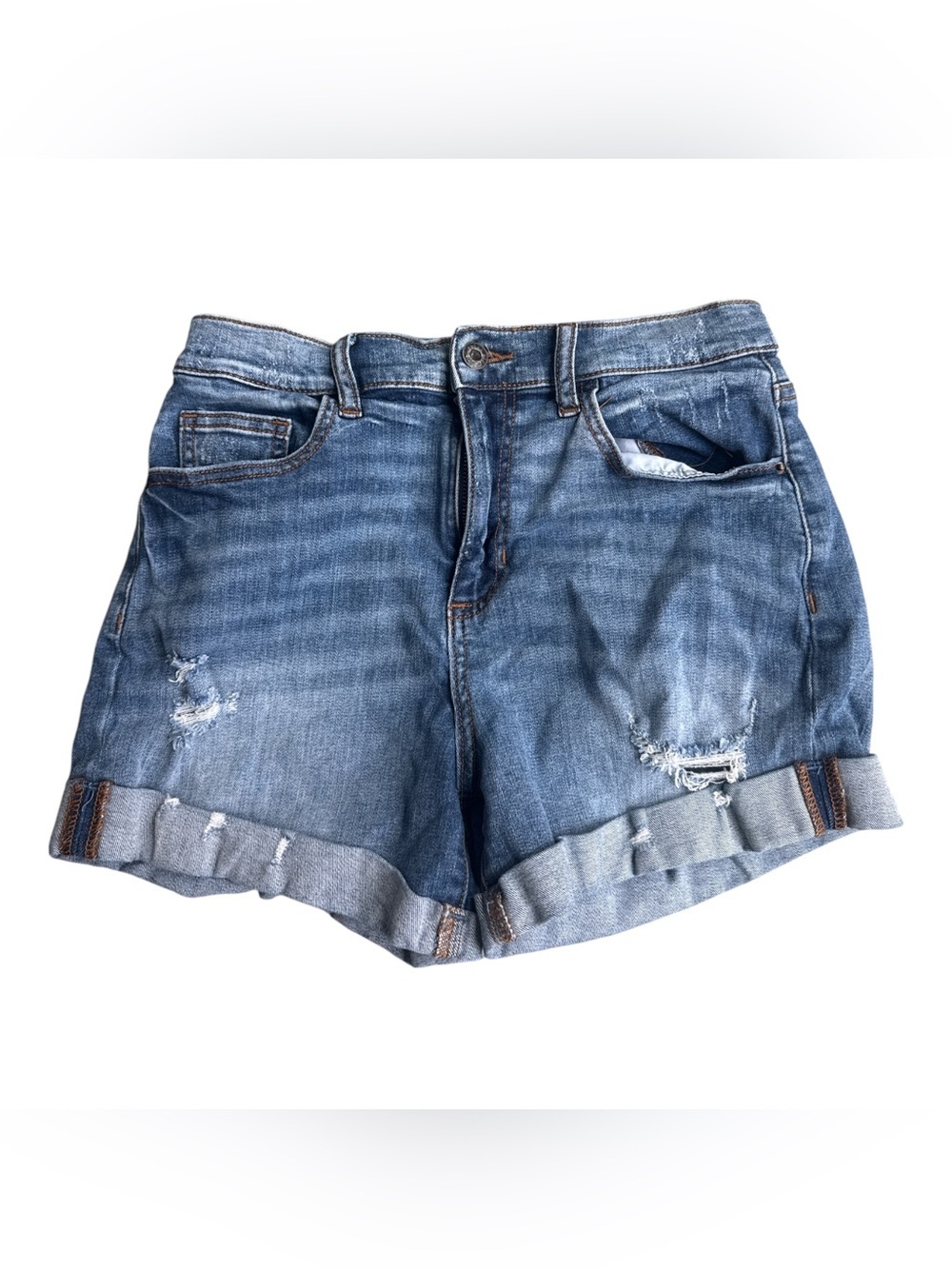 Altar'd State Medium Wash Rolled Hem Distressed Denim Shorts